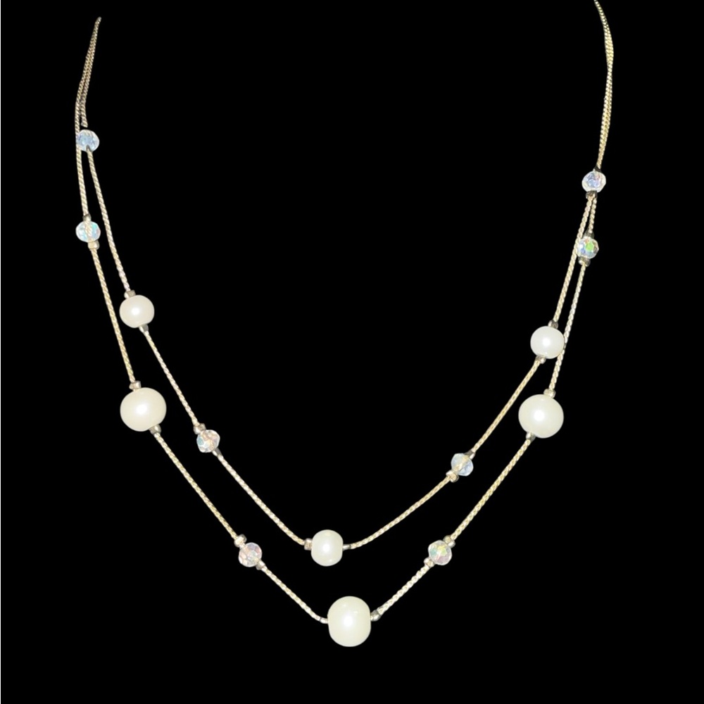 🌸 Dainty LOFT Gold Double-Strand Pearl & Gem Necklace | Timeless Beauty